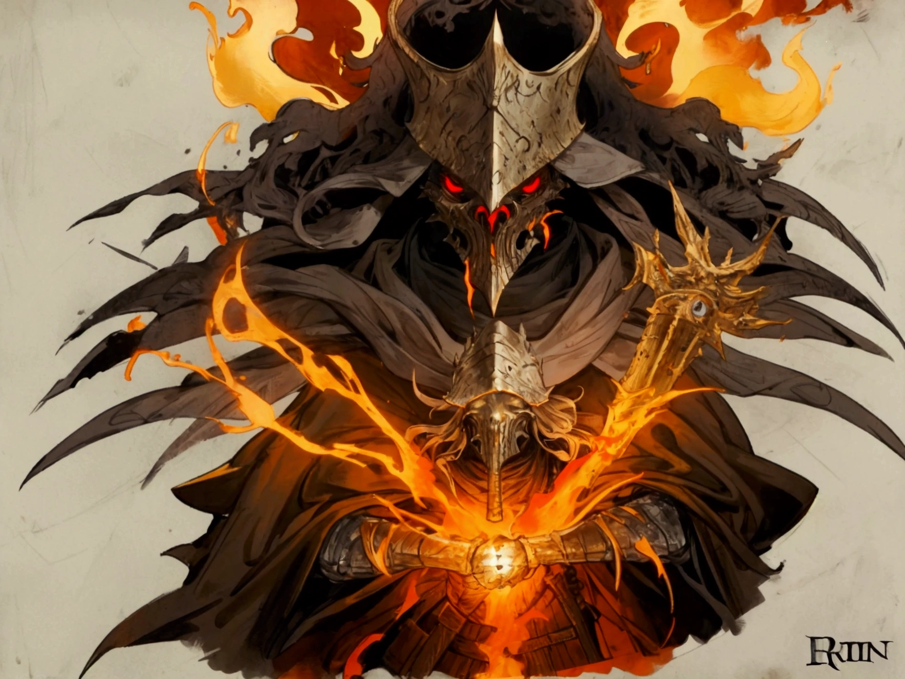 elden ring, dark souls, concept art sheet, items, weapons: A strong king wielding fire with a helmet of his own face.