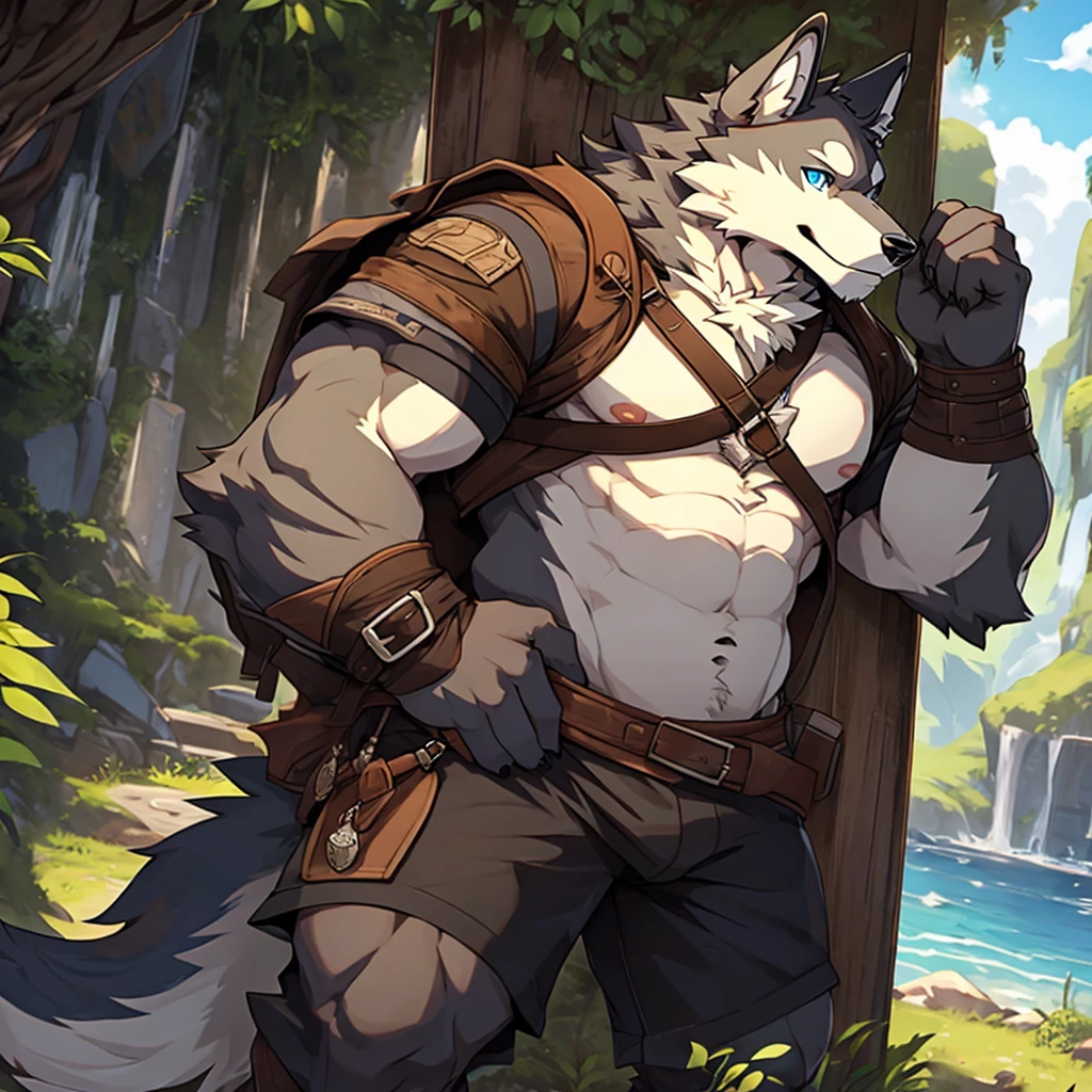 Furry,solo,gray wolf, blue Eyes, Muscular with belly,stout, bare belly, Wear an adventurer's outfit,There is a red cloth.,red scarf,Behind is a mountain.,There is a waterfall.,Standing on the rocks by the waterfall,High resolution imageHDR,4K