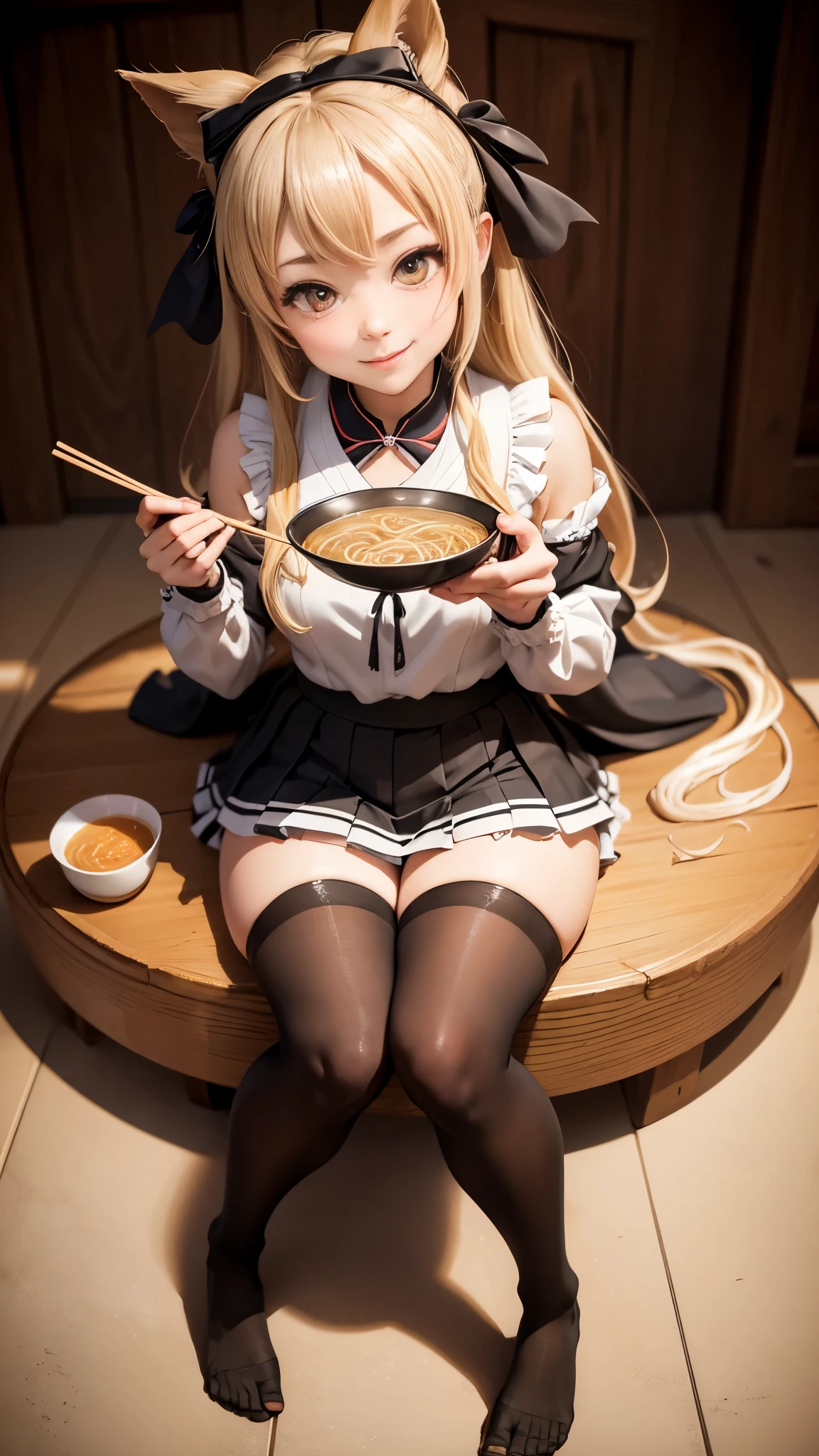 masterpiece, top quality, bewitching pose, full body wide angle, smile, (sitting:1.1) ,ichiraku ramen, (eating ramen noodles:1.0), holding chopsticks and ramen bowl, slurp one's noodles,, silence suzuka (umamusume), black gloves, white skirt, pleated skirt, black pantyhose, layered sleeves, puffy short sleeves, short over long sleeves, black bow, festival,