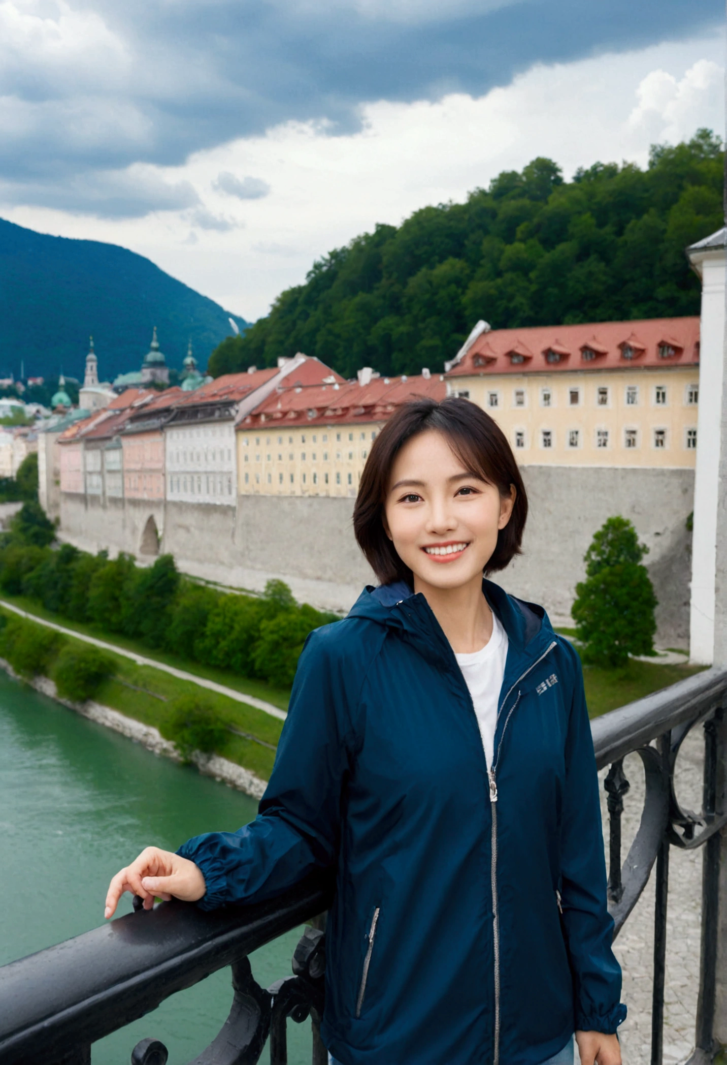 high quality, 1 woman, ((36-year-old healthy Korean woman)), ((36 years old)), 1 woman, eyes are big and beautiful. ((slim)), ((short medium hair)), Smile. pose: standing, windbreaker jacket, background:Your residence is a baroque townhouse with a plaster façade and wrought iron railings.. Overlooking the Salzach River and Hohensalzburg Fortress, night view, Street lamp, looking slightly up, 1 woman, Full body shot with Canon 16-34 wide angle lens, river view, looking up the side