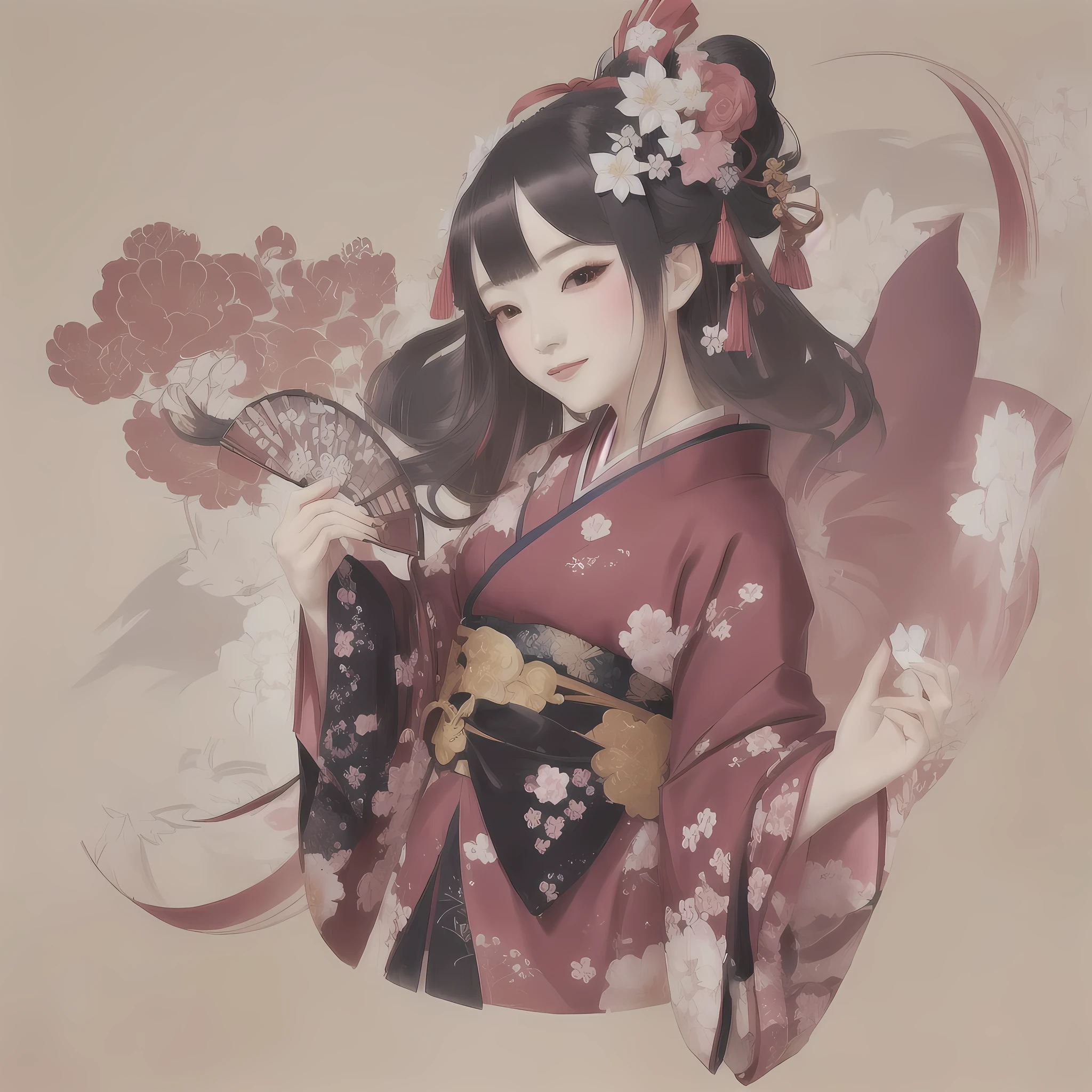 Anime Girls In kimono outfit holding a fan and a flower, In kimono, onmyoji portrait, palace ， Girl in Hanfu, Anime illustration, Anime-style illustrations, Japanese art style, onmyoji, In kimono, The Detailed Art of the Onmyoji, Beautiful artwork illustration, Gweiz-style artwork, (Anime Girls)