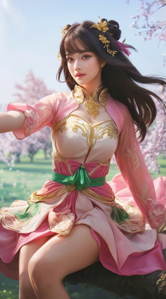 a beautiful girl in a pink dress, sitting on a tree branch, realistic, photorealistic, extremely detailed face and eyes, beautiful detailed lips, longeyelashes, intricate details, natural lighting, golden hour, lush greenery, vibrant colors, award winning photograph, 8k, high resolution