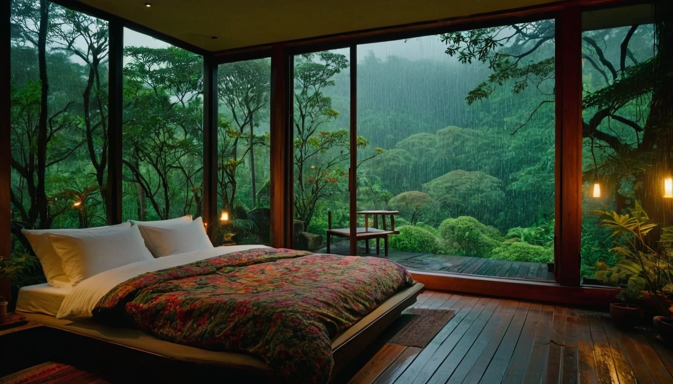 The image shows a cozy bedroom with large windows offering views of rain-soaked forests AND FLOWERS. CINEMATIC, JAPANESE HOUSE, the shape of a Japanese house, and lots of flower gardens in the garden. The bed has not been e with crumpled sheets, indicating it has only been used. looks dim, gloomy. Beside the bed there is a small table with a classic lamp burning, emitting warm light into the room. Outside the window, lush greenery can be seen on the terrace or balcony area, with rain visible falling, creating a calm and peaceful atmosphere. The contrast betn the warmth indoors and the rain outdoors creates an inviting and calming atmosphere
