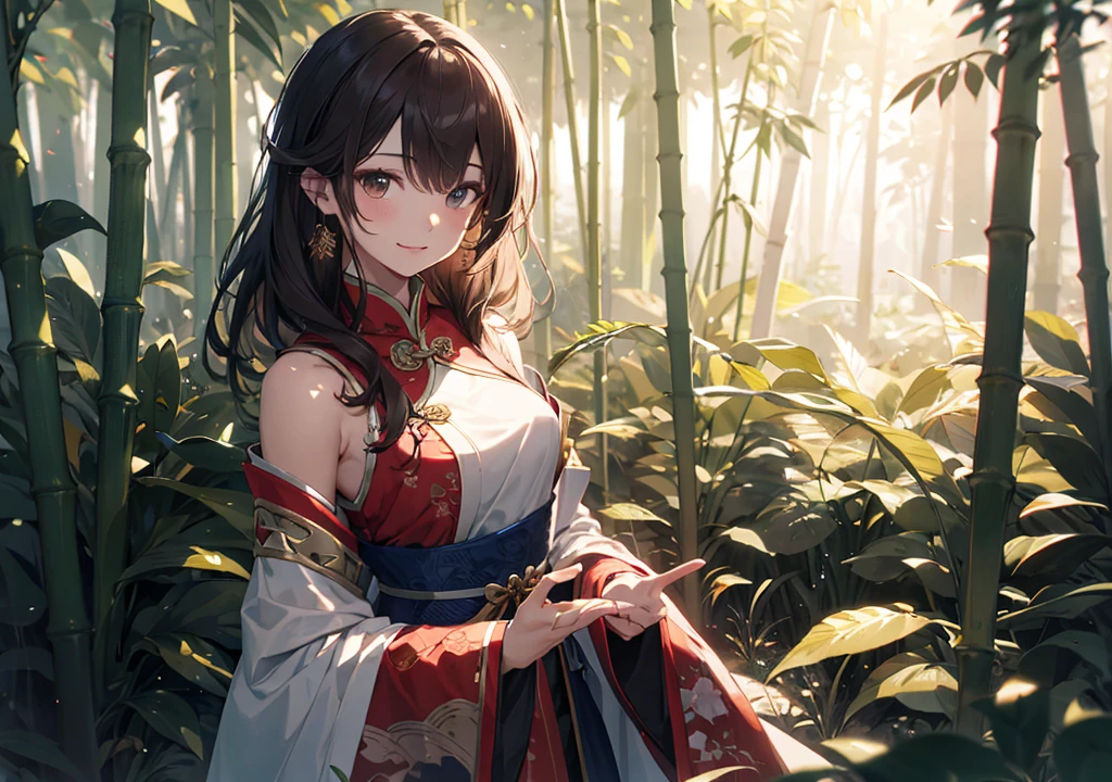 Realistic photos, Focus distance 10mm, Red and white, A big smile, Beautiful girl, Realistic photos, Focus distance 10mmで撮影, masterpiece, 最high quality, high quality, Very detailed CG 8k wallpaper unit, Award-winning photography,  Depth of written boundary, High resolution, bloom, chromatic aberration, Realistic, Very detailed, Art Station Trends, CGsociety Trends, Complex, High detail, dramatic, Art on the go, volumetric lighting, A stunning girl with medium-length brown hair, in a traditional Chinese dress, inspired by Disney's Li Shang from 'Mulan' in a female form, standing in a tranquil bamboo forest