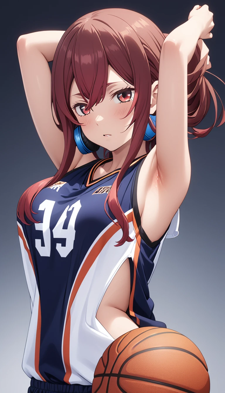 (Highest quality、Masterpiece、Very detailed、4K)、One Woman、17 years old、Brown Hair、short hair、(((Nakano Miku)))、headphone、chest、arm、Beautiful armpits、Beautiful navel、Beautiful thighs、(((Wearing a basketball uniform)))