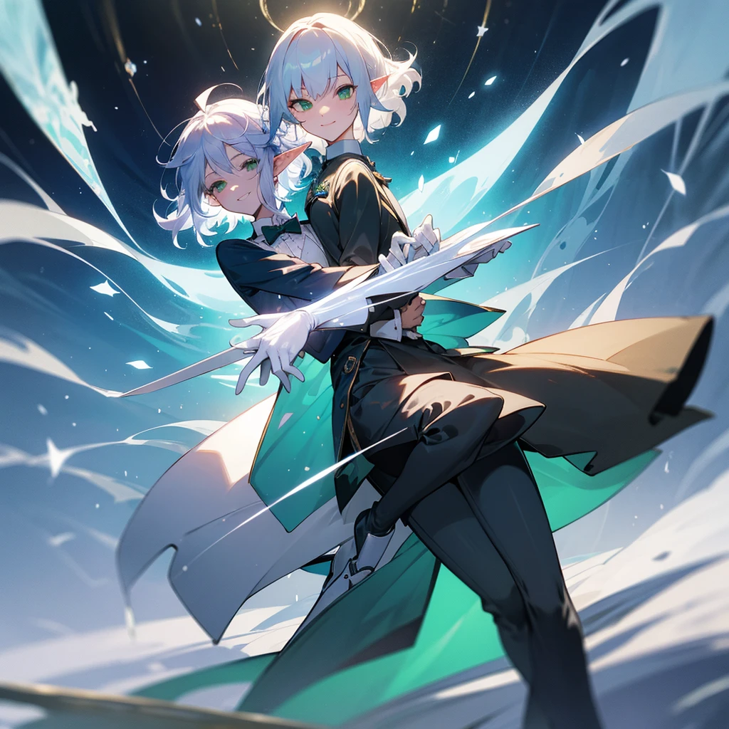 elf, silver hair,l ong hair, medium cut, curly hair,green eyes,slender,fair skin,White gloves,Smile,Mediovale, smart, laughing, inside, theater, mystical atmosphere, hazy Solo, atmosphere, fantasy, Tuxedo, wizard hat, long boots ,Main Character, pants, bow and scrape, blue effect, magic effect , ice loads effect