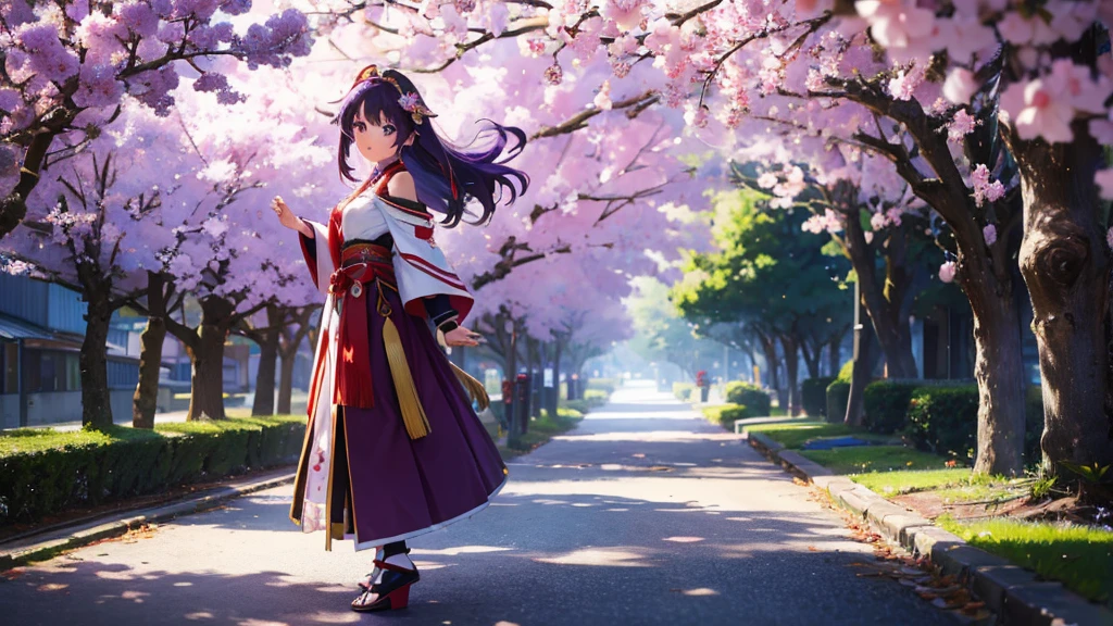 Best picture quality, 8K, high quality, masterpiece:1.2), ((masterpiece)), (great detail, high quality, best picture quality), bokeh, DOF, Portrait, open stance, purple hair long hair, in a black, round face, in a miko costume, standing in sakura tree