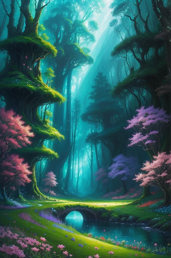 a painting of a forest with trees and flowers in the foreground, a matte painting by Gediminas Pranckevicius, flickr, fantasy art, magical forest in the background, magical forest backround, enchanted and magic forest, enchanted magical fantasy forest, magical fantasy forest, fairytale forest, magic fairy forest, fantasy forrest background, fantasy forest, peaceful elven forest