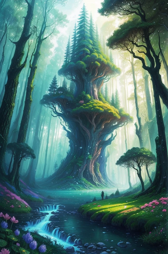a painting of a forest with trees and flowers in the foreground, a matte painting by Gediminas Pranckevicius, flickr, fantasy art, magical forest in the background, magical forest backround, enchanted and magic forest, enchanted magical fantasy forest, magical fantasy forest, fairytale forest, magic fairy forest, fantasy forrest background, fantasy forest, peaceful elven forest