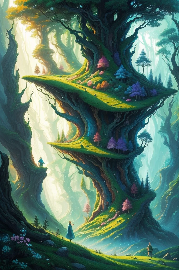 a painting of a forest with trees and flowers in the foreground, a matte painting by Gediminas Pranckevicius, flickr, fantasy art, magical forest in the background, magical forest backround, enchanted and magic forest, enchanted magical fantasy forest, magical fantasy forest, fairytale forest, magic fairy forest, fantasy forrest background, fantasy forest, peaceful elven forest