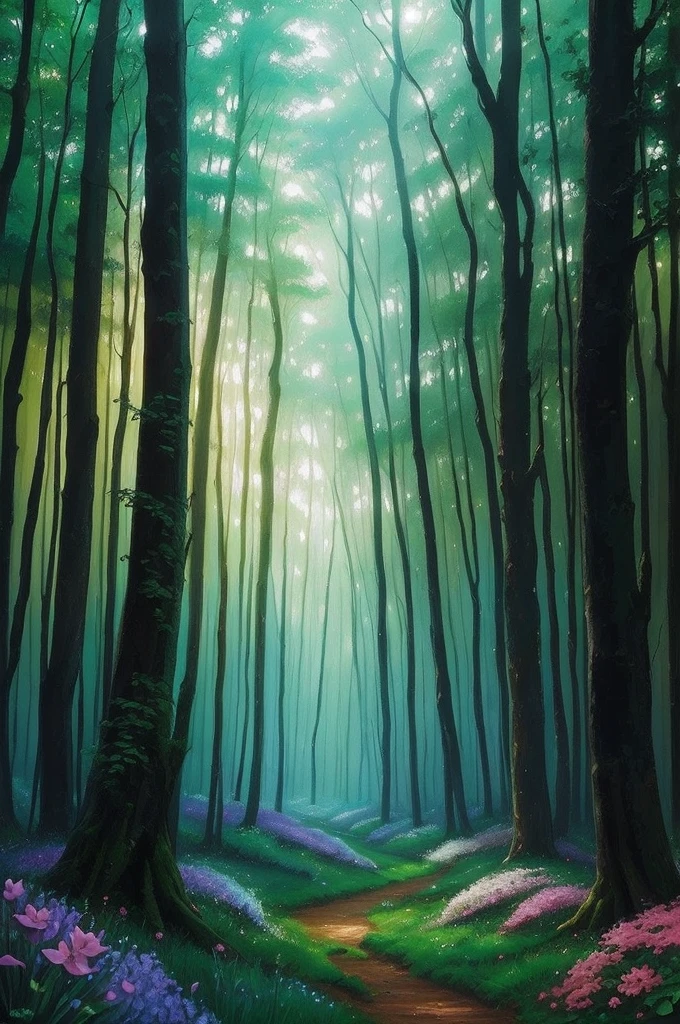 a painting of a forest with trees and flowers in the foreground, magical forest in the background, magical forest backround, enchanted and magic forest, enchanted magical fantasy forest, magical fantasy forest, fairytale forest, magic fairy forest, fantasy forrest background, fantasy forest, peaceful elven forest, magical forest background, fairy forest, magical clearing, in a magical forest, a fantasy forest