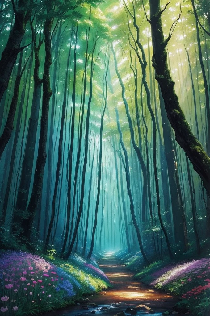 a painting of a forest with trees and flowers in the foreground, magical forest in the background, magical forest backround, enchanted and magic forest, enchanted magical fantasy forest, magical fantasy forest, fairytale forest, magic fairy forest, fantasy forrest background, fantasy forest, peaceful elven forest, magical forest background, fairy forest, magical clearing, in a magical forest, a fantasy forest
