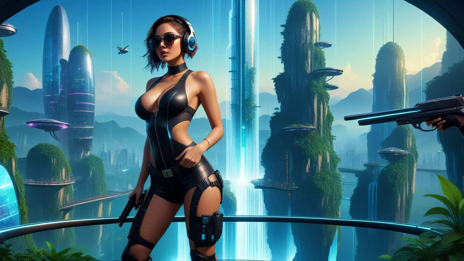 Futuristic floating city, huge high-tech tablet platform, airship, colorful lights, skyscrapper, transparent path, lush greenery, sky gardens, waterfalls, sparkling river, transparent dome, walkway, tower, dark night, holographic display, aerial view. (((((1girl, solo, alone))))), large-breast:1.2 slim body, cleavage:1.1, sexy clothes, (headphone, black sunglasses), (((standing and holding pistol pose))), (((half-body thigh level medium shot))), cinematic lighting, lens flare, ray tracing.
