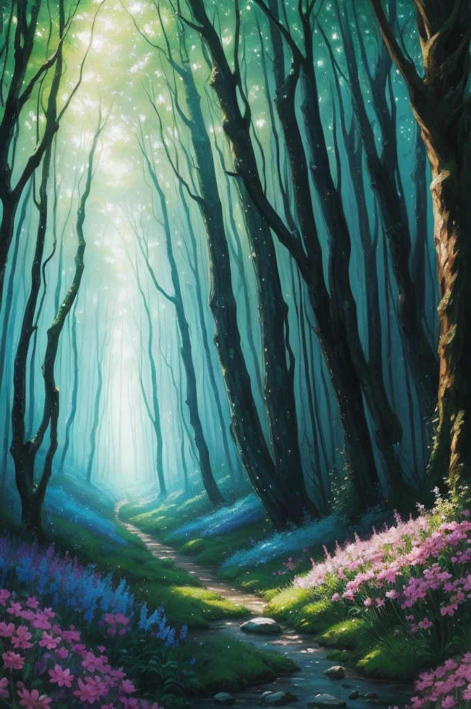 a painting of a forest with trees and flowers in the foreground, magical forest in the background, magical forest backround, enchanted and magic forest, enchanted magical fantasy forest, magical fantasy forest, fairytale forest, magic fairy forest, fantasy forrest background, fantasy forest, peaceful elven forest, magical forest background, fairy forest, magical clearing, in a magical forest, a fantasy forest