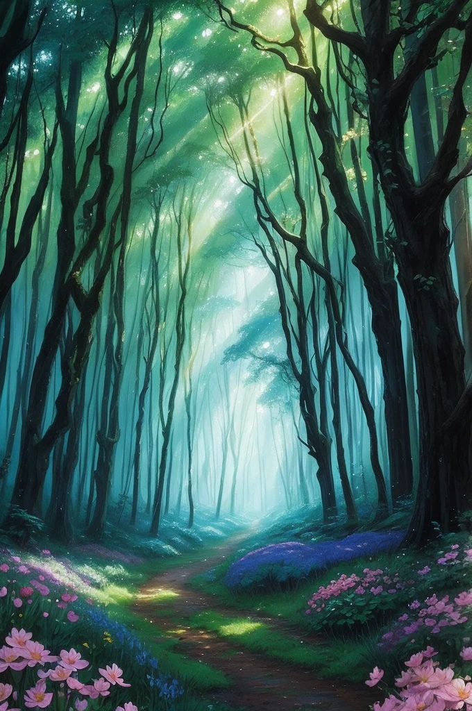 a painting of a forest with trees and flowers in the foreground, magical forest in the background, magical forest backround, enchanted and magic forest, enchanted magical fantasy forest, magical fantasy forest, fairytale forest, magic fairy forest, fantasy forrest background, fantasy forest, peaceful elven forest, magical forest background, fairy forest, magical clearing, in a magical forest, a fantasy forest