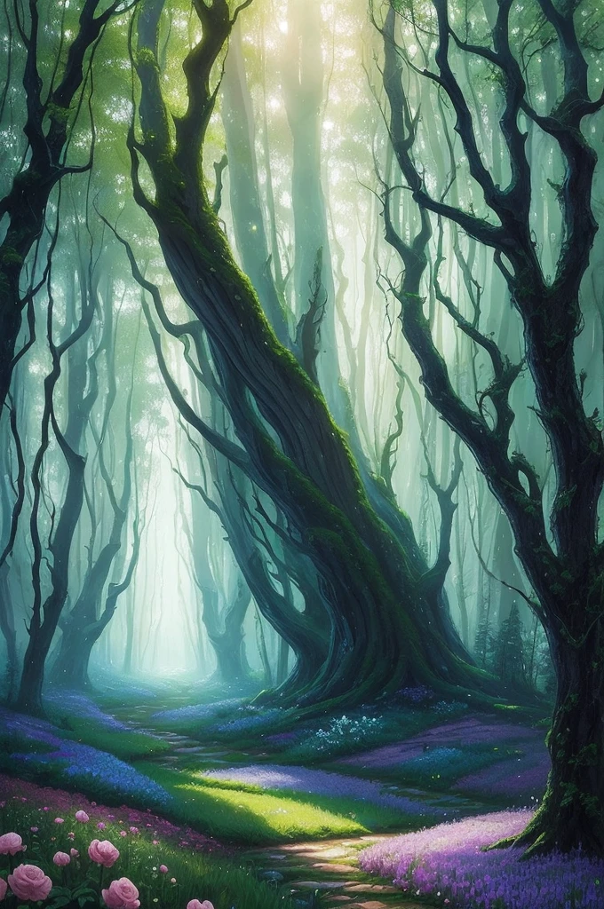 a painting of a forest with trees and flowers in the foreground, a matte painting by Gediminas Pranckevicius, flickr, fantasy art, magical forest in the background, magical forest backround, enchanted and magic forest, enchanted magical fantasy forest, magical fantasy forest, fairytale forest, magic fairy forest, fantasy forrest background, fantasy forest, peaceful elven forest