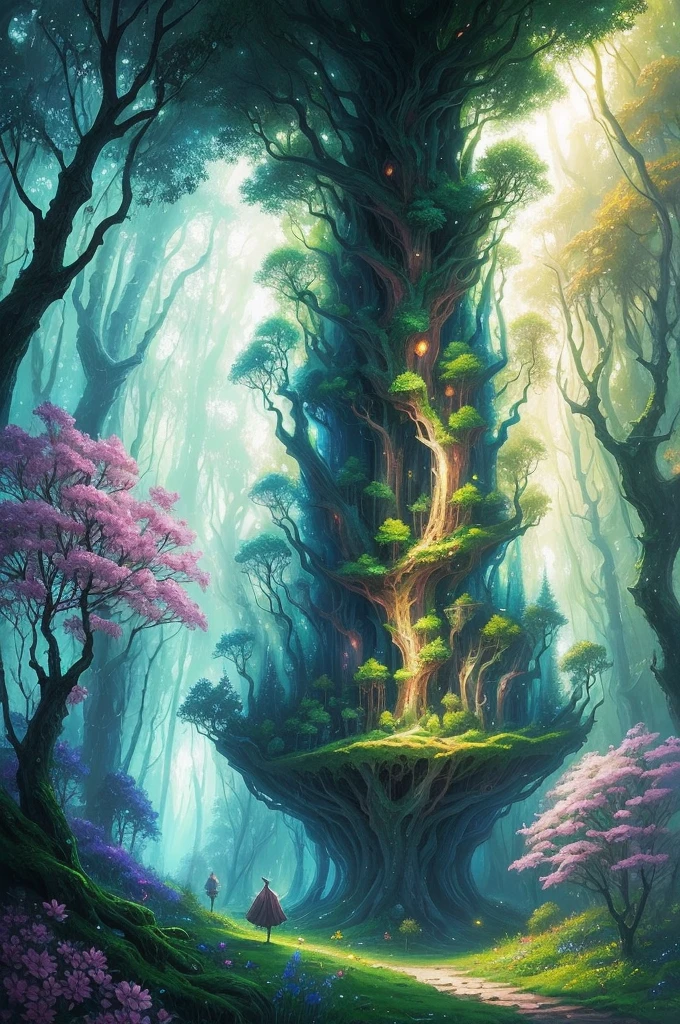 a painting of a forest with trees and flowers in the foreground, a matte painting by Gediminas Pranckevicius, flickr, fantasy art, magical forest in the background, magical forest backround, enchanted and magic forest, enchanted magical fantasy forest, magical fantasy forest, fairytale forest, magic fairy forest, fantasy forrest background, fantasy forest, peaceful elven forest