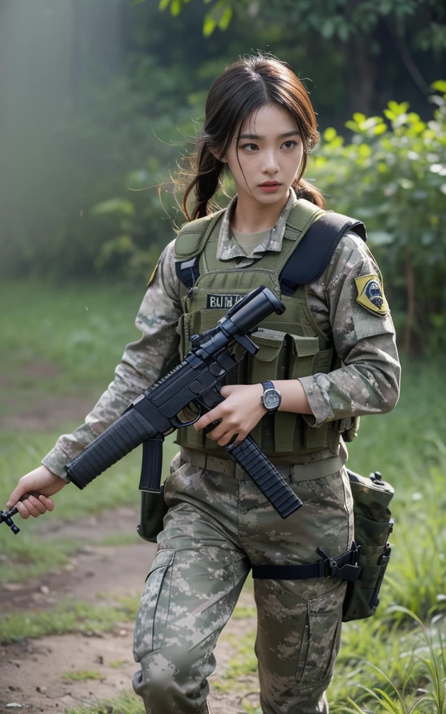 8K,Realistic photos、Realistic skin texture、Surrealism、Ultra-high resolution,High-resolution details,Korean women in US special forces、18 years old,jungle、、rifle、、Hold the gun tight,Stay vigilant、nervous、Urgency、After the Rain、Bulletproof vest、Wearing a watch on the left arm、Adhere to skin when wetTshirt、Military Pants、jungleブーツ、Tattoo、humidity、Dynamic poses、Influence、explode、附近发生explode、Grass and mud fly off along with the smoke from the explode.、being attacked,start、Deadly battles