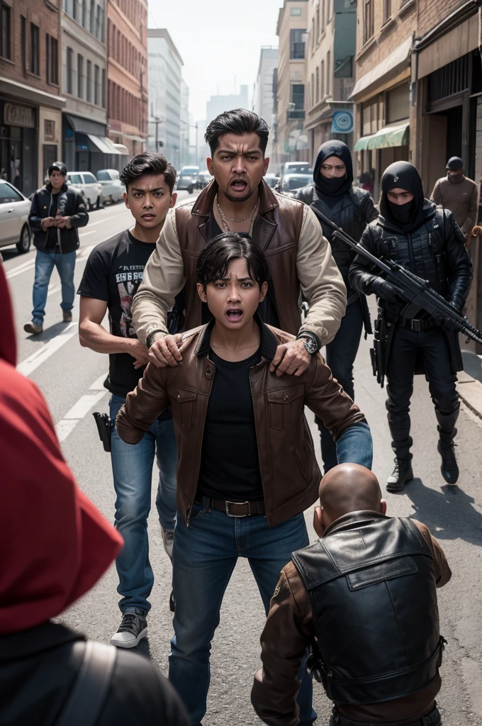 a gang threatens a scared civilian.*  
