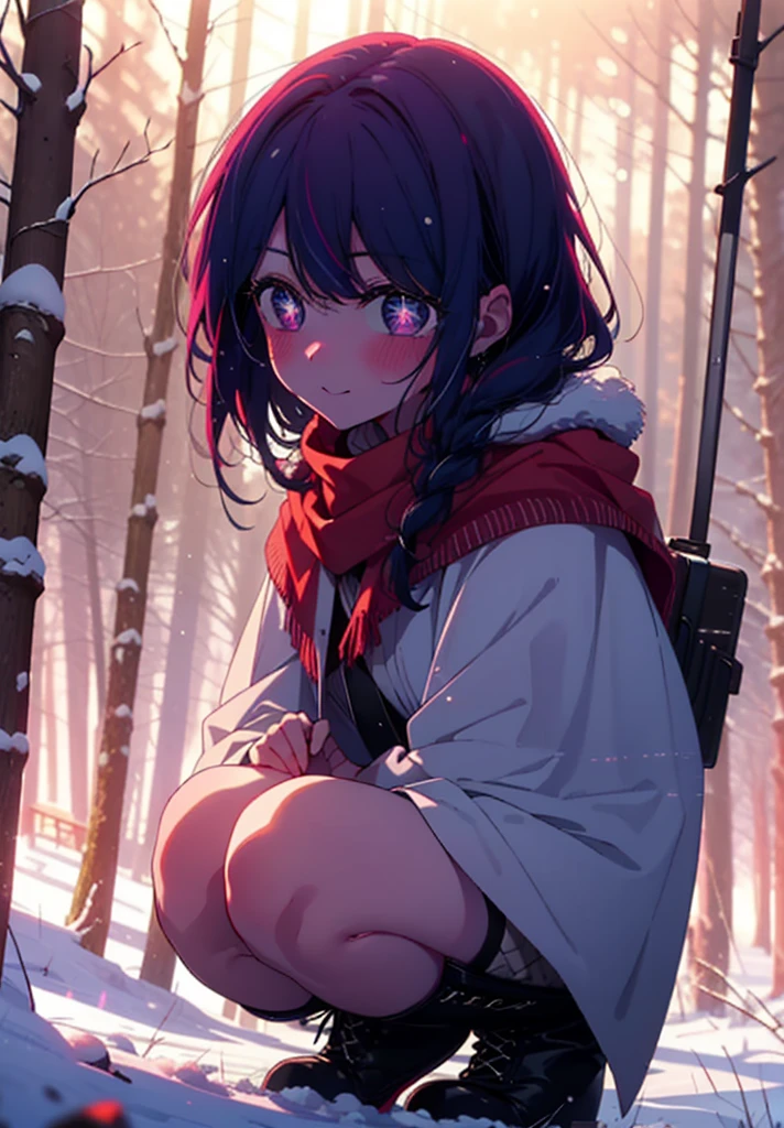 aihoshino, Ai Hoshino, Long Hair, bangs, (Purple eyes:1.1), Purple Hair, (Symbol-shaped pupil:1.5), smile,,smile,blush,White Breath,
Open your mouth,snow,Ground bonfire, Outdoor, boots, snowing, From the side, wood, suitcase, Cape, Blurred, , forest, White handbag, nature,  Squat, Mouth closed, Cape, winter, Written boundary depth, Black shoes, red Cape break looking at viewer, Upper Body, whole body, break Outdoor, forest, nature, break (masterpiece:1.2), Highest quality, High resolution, unity 8k wallpaper, (shape:0.8), (Beautiful and beautiful eyes:1.6), Highly detailed face, Perfect lighting, Extremely detailed CG, (Perfect hands, Perfect Anatomy),