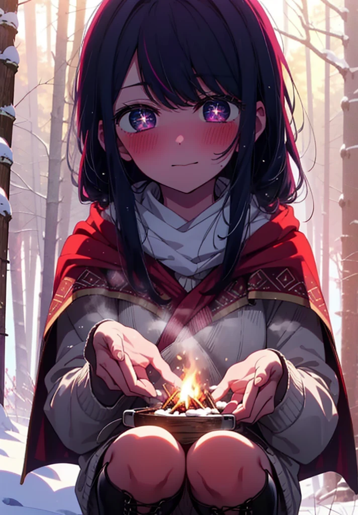 aihoshino, Ai Hoshino, Long Hair, bangs, (Purple eyes:1.1), Purple Hair, (Symbol-shaped pupil:1.5), smile,,smile,blush,White Breath,
Open your mouth,snow,Ground bonfire, Outdoor, boots, snowing, From the side, wood, suitcase, Cape, Blurred, , forest, White handbag, nature, Squat, Mouth closed, Cape, winter, Written boundary depth, Black shoes, red Cape break looking at viewer, Upper Body, whole body, break Outdoor, forest, nature, break (masterpiece:1.2), Highest quality, High resolution, unity 8k wallpaper, (shape:0.8), (Beautiful and beautiful eyes:1.6), Highly detailed face, Perfect lighting, Extremely detailed CG, (Perfect hands, Perfect Anatomy),