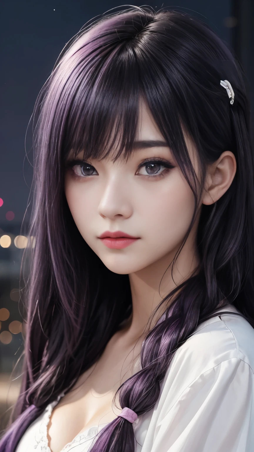 background(Black Night Sky,Big Moon),Close-up of a woman,Wearing a white shirt、Purple Hair,Very long hair,very thick braids,Purple eyes,big , realistic girl rendering, 8k artistic german bokeh, Enchanting girl, Real Girl, Gurwitz, Gurwitz-style artwork, Girl Roleplay, Realistic 3D style, cgstation Popular Topics,, 8K Portrait Rendering,(truth,truth:1.4),Wear pink pajamas,巨big ,Sparkling eyes,Purple eyes