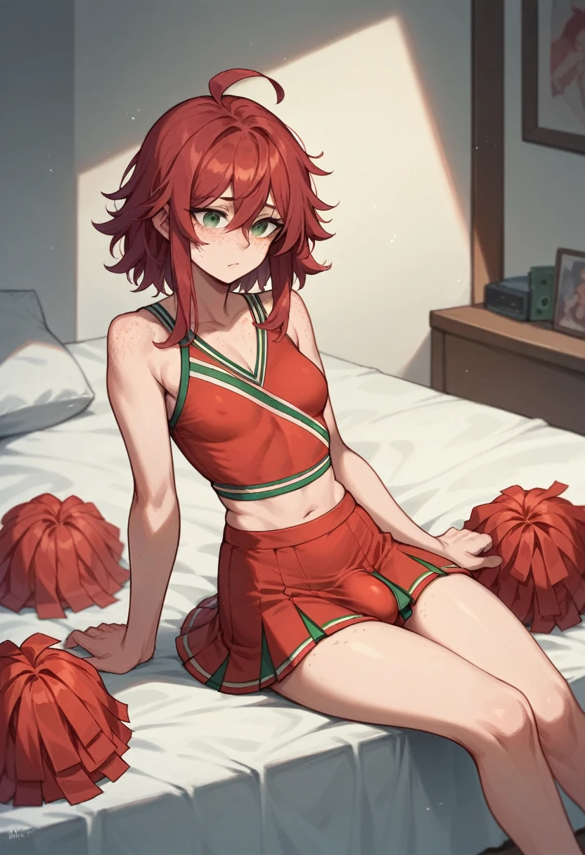 small breasts, medium red hair, hair between eyes, green eyes, freckles, red cheerleader outfit, bedroom, futanari, covered bulge, empty hands, loose hair, sitting on bed