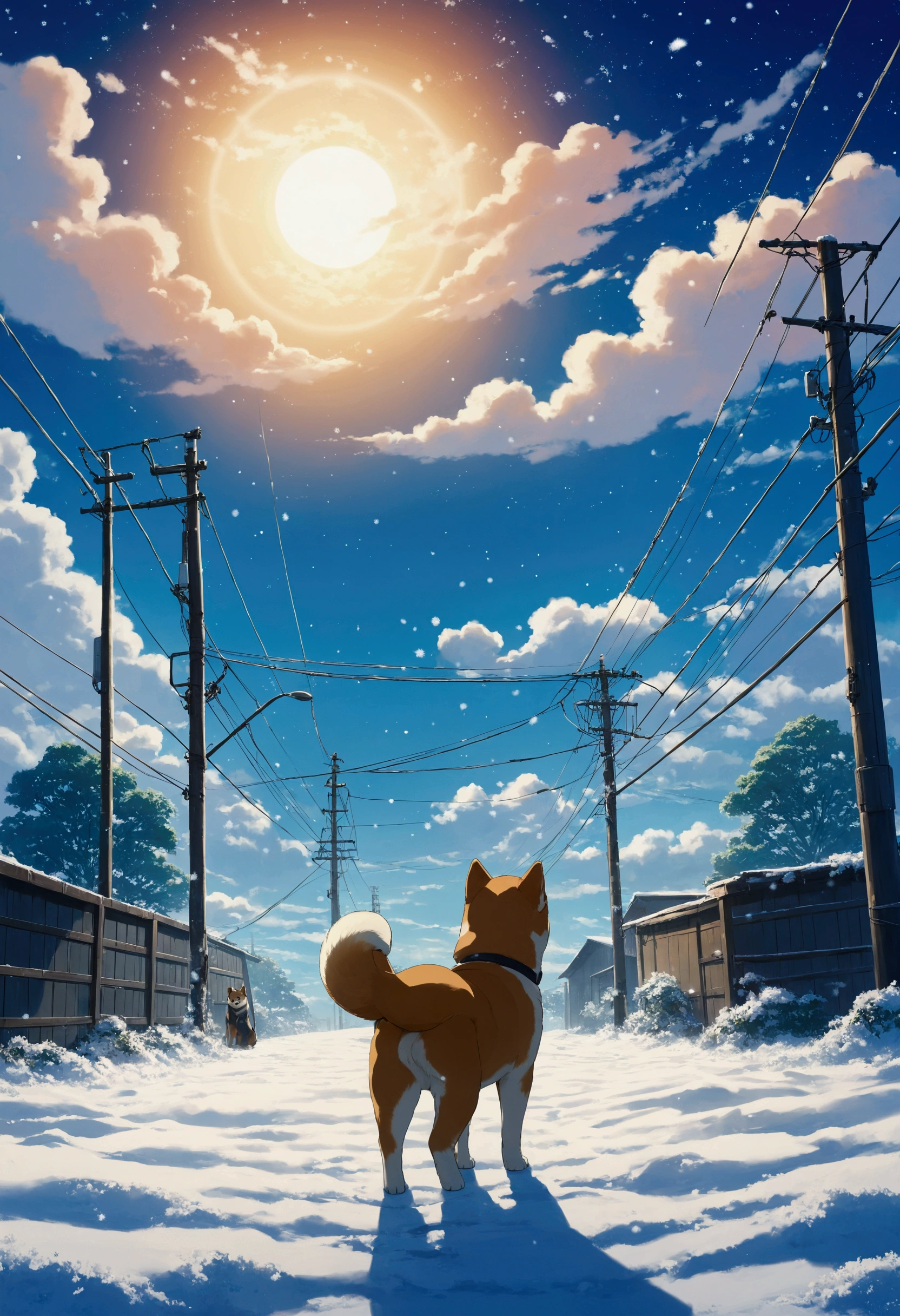 Makoto Shinkai Taste, Beautiful sky, winter,Falling snow, Shiba Inu Puppy, Wide angle、