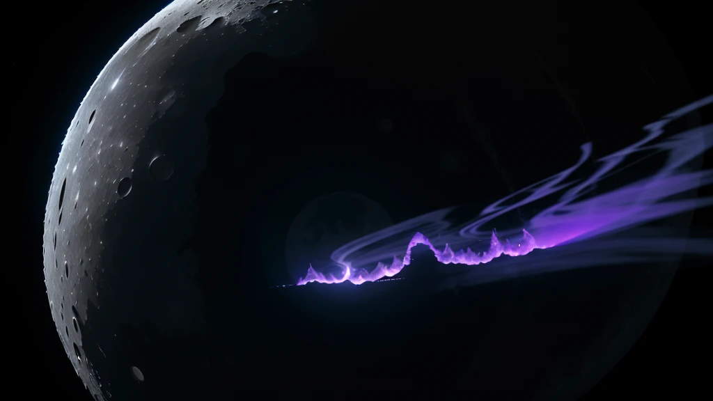 long shot, moon shining bright in the night sky, moon is clear crystal and you can see entities walk inside the moon, high detail, wide shot, 4K, 3D, REALISTIC, (iridescent glow smoke), UHD, 32K, very bold neon colors, black light, neon light