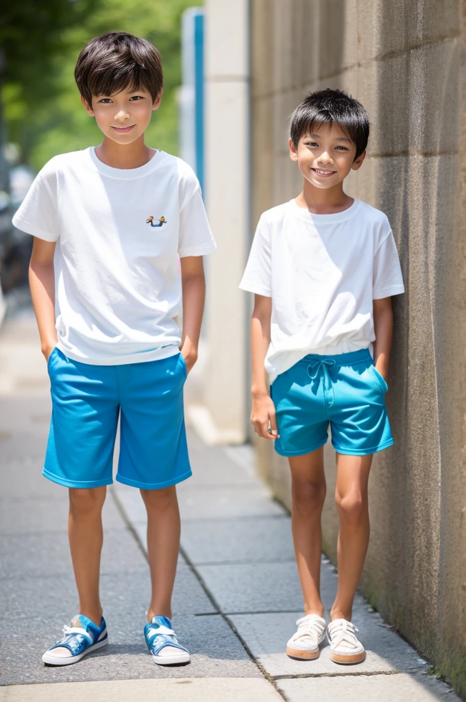 A tanned -yeld Jaese boy modeling in shorts during summer vacation The shorts are off