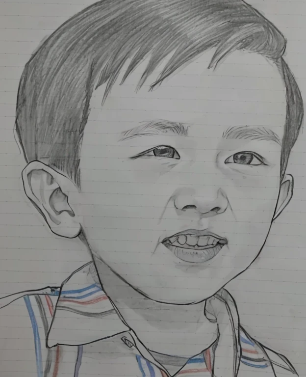 Drawing of a boy with teeth in his mouth, close up Portraiture, Detailed face of asian boy, a Pencil sketch, By Abidin Dino, Traditional Arts, 伝統的なPortraiture, Realism drawing, Portraiture, Inspired by Huang Gongwang, Pencil sketch, Pencil drawing, 詳細なPortraiture, Inspired by Yonghao Han, Portraiture