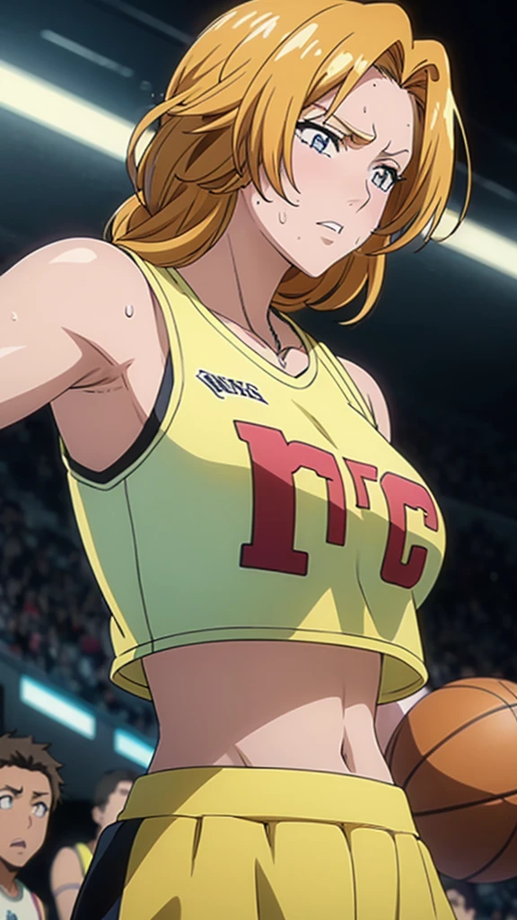 a close up of a person wearing a basketball uniform, a picture, inspired by Kentaro Miura, trending on pixiv, Rangiku Matsumoto, Bleach, wearing yellow nba jersey, yellow croptop nba jersey, wearing a low cut croptop, wearing croptop, croptop, the words "Lakers" written on the croptop, golden raito, (winking), shirobako, large)}], favorite scene, fine details. anime. skins, sweating, big breasts, both hands raised, armpits, armpits visible, dripping with sweat, more more sweat, sweaty armpits