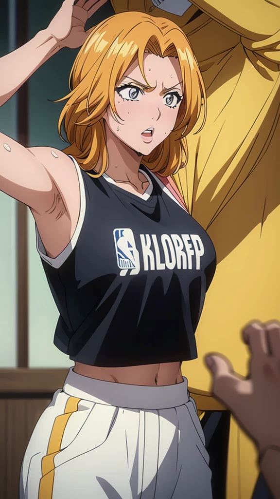 a close up of a person wearing a basketball uniform, a picture, inspired by Kentaro Miura, trending on pixiv, Rangiku Matsumoto, Bleach, wearing yellow nba jersey, yellow croptop nba jersey, wearing a low cut croptop, wearing croptop, croptop, the words "Lakers" written on the croptop, golden raito, (winking), shirobako, large)}], favorite scene, fine details. anime. skins, sweating, big breasts, both hands raised, armpits, armpits visible, dripping with sweat, more more sweat, sweaty armpits