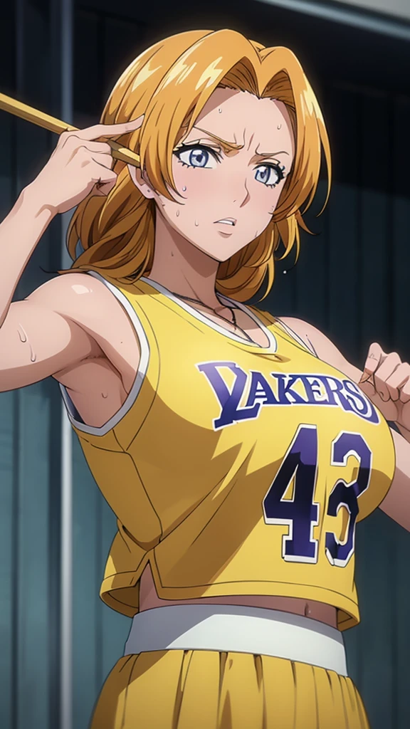 a close up of a person wearing a basketball uniform, a picture, inspired by Kentaro Miura, trending on pixiv, Rangiku Matsumoto, Bleach, wearing yellow nba jersey, yellow croptop nba jersey, wearing a low cut croptop, wearing croptop, croptop, the words "Lakers" written on the croptop, golden raito, (winking), shirobako, large)}], favorite scene, fine details. anime. skins, sweating, big breasts, both hands raised, armpits, armpits visible, dripping with sweat, more more sweat, sweaty armpits