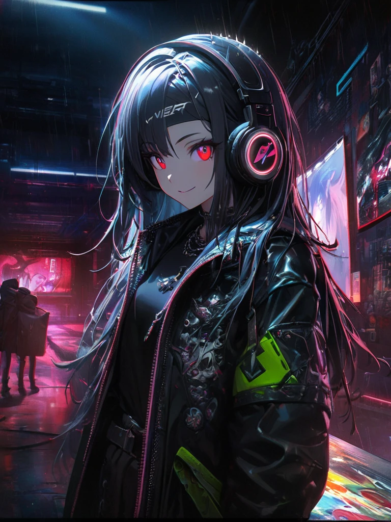 1 Girl, chromatic aberration, Written boundary depth, Soft Light, masterpiece, Highest quality, complicated, Tone Mapping, Very detailed, Art Station, Concept Art, Smooth, Clear focus, Dramatic lighting, Very detailed artwork, movie, super practical painting, Art Station's trending, 8K, Incredible Shadows, practical, (Very detailed background:1.0), whole body, View, Viewers, Very detailed portrait of one girl 1, standing on street corner, Heavy rain and lightning、Dark Sky, neon and cyber punk background, she is dressed in punk clothing with silver chains and silver spikes, Her hair was dyed a bright black color.,The middle part is black, She is wearing headphones, Detailed red eyes with clear pupils, Ominous aura of light, smile, punk, ciber punk, Backlight.Headband、No knowledge of horses'tail、Stylish bob