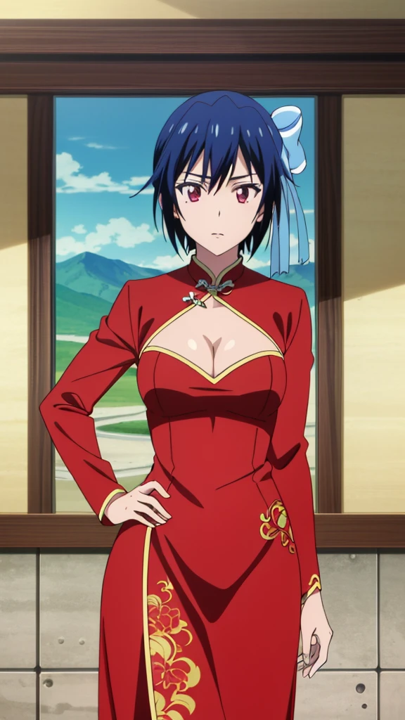 (Top Quality, 8K, Hi-Res, Masterpiece: 1.2), Super Detail, Anime Art Style, Anime Coloring Book, Solo, 1 Girl, Seishiro Tsuzuru, Red Chinese Dress, Cleavage, Medium Breasts, Solo, Stylish Pose, Stylish Angle, cowboy shot looking at the audience in the center of the screen,