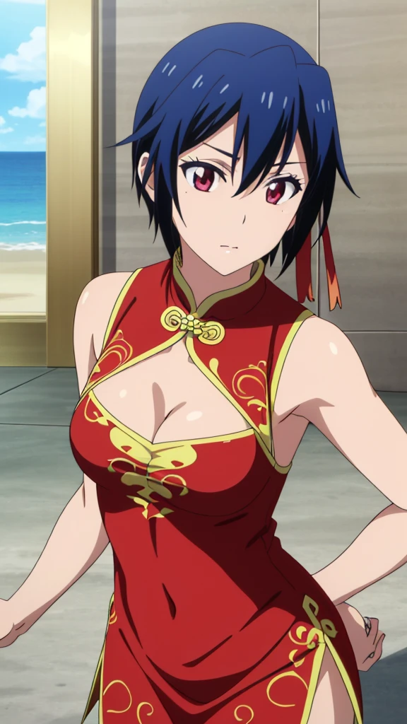 (Top Quality, 8K, Hi-Res, Masterpiece: 1.2), Super Detail, Anime Art Style, Anime Coloring Book, Solo, 1 Girl, Seishiro Tsuzuru, Red Chinese Dress, Cleavage, Medium Breasts, Solo, Stylish Pose, Stylish Angle, cowboy shot looking at the audience in the center of the screen,