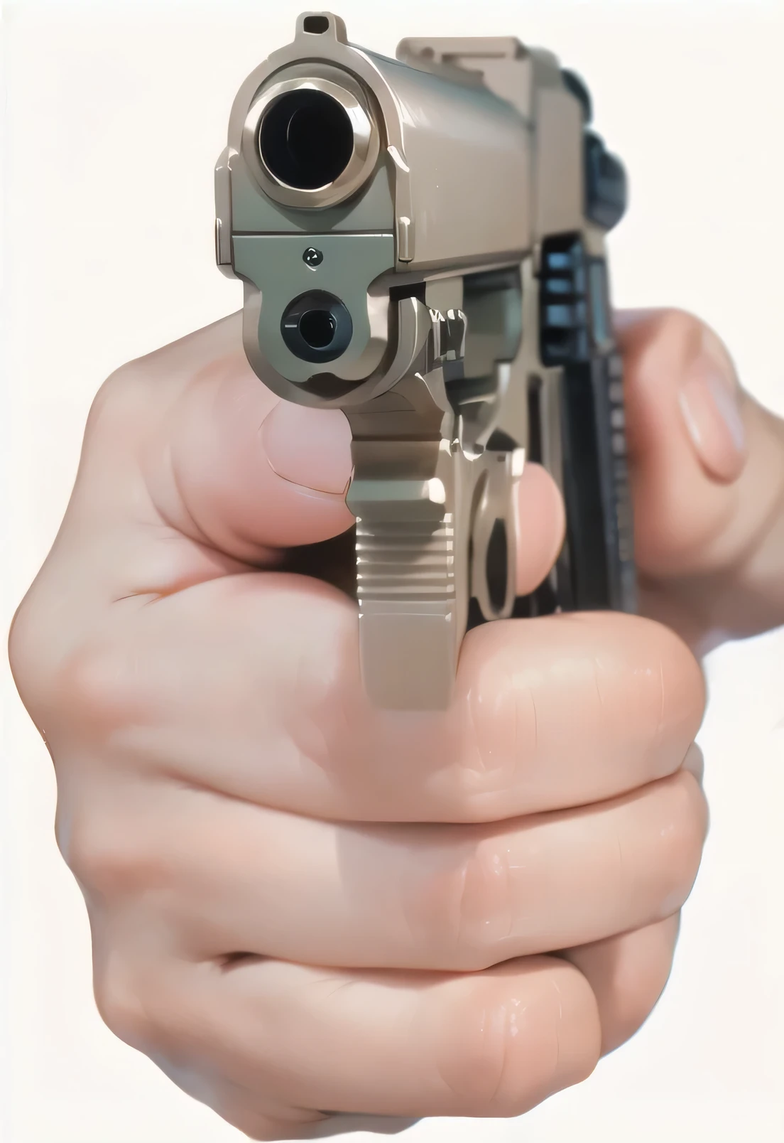One hand holding a gun ，Shooting action，Blank Background，Close-up of hands，One hand holding a gun ，Holding gun action，Blank Background
