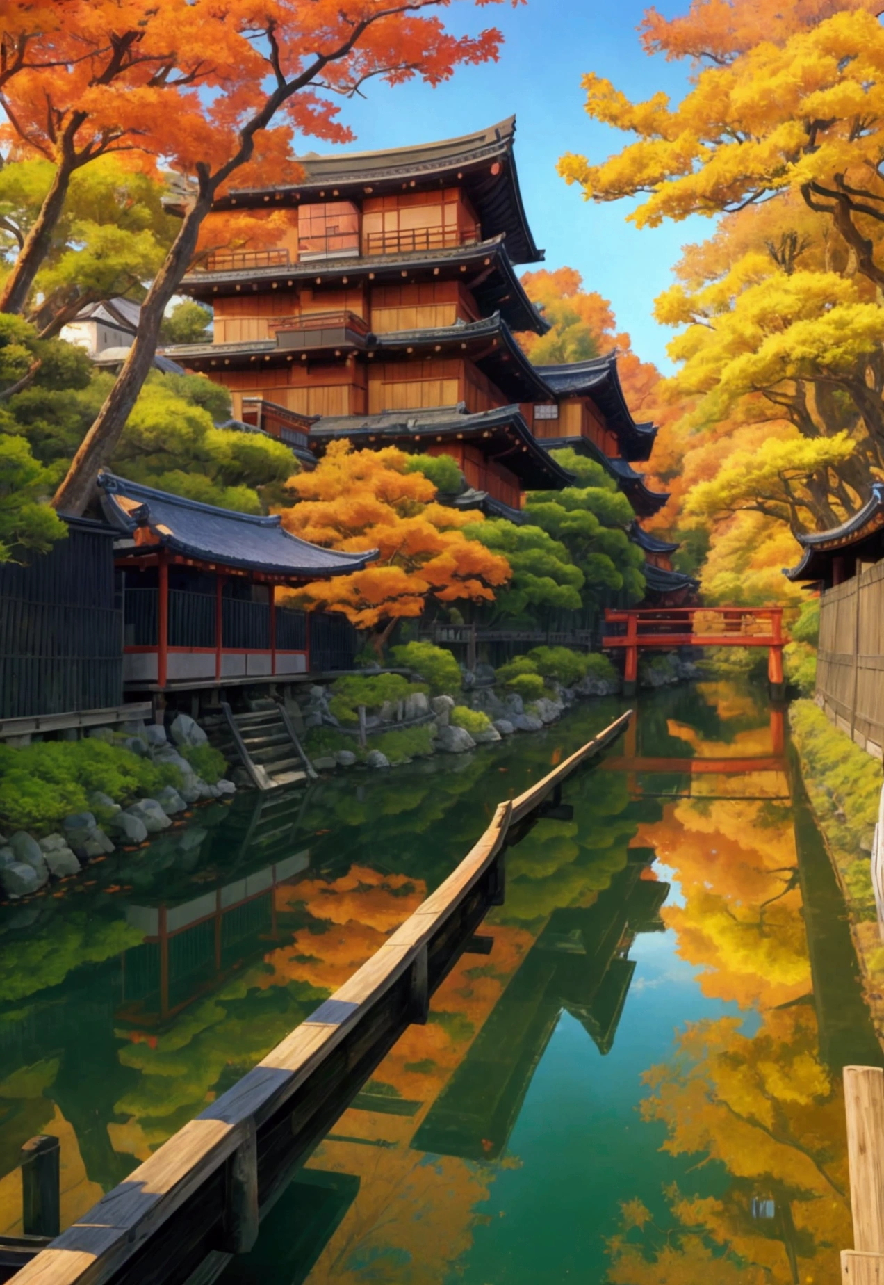 A picturesque view of a traditional Japanese village in autumn. The scene features multi-storied wooden buildings with dark exteriors, a small bridge crossing over a river or canal, and lush greenery with trees showcasing vibrant autumn colors
