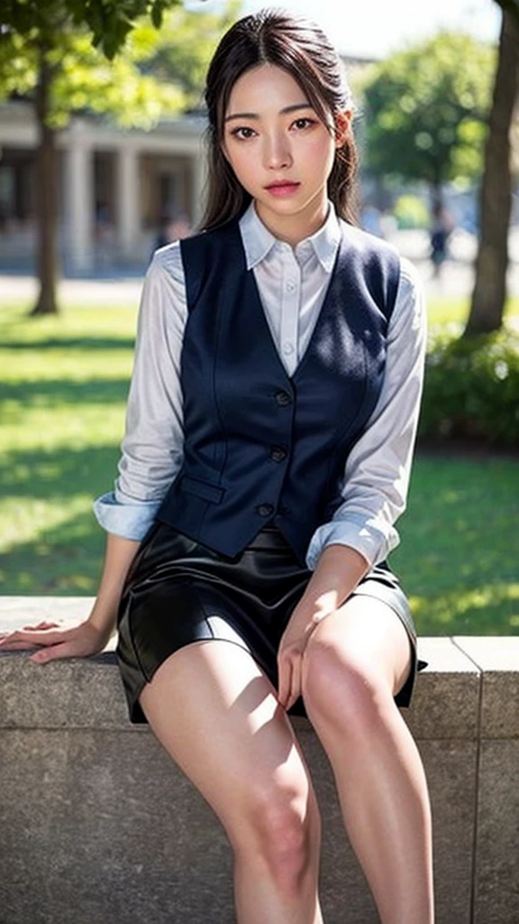 (NSFW:-2),(realistic, photo-realistic:1.4), (masterpiece,best quality:1.2), raw photo, high resolution, Intricate Details Highly Detailed, realistic and sharp details, portrait, front view, look at the viewer, alone, 1 woman, 20 year old woman, (office lady),(Uniform,vest,tight skirt,bare legs:1.4), sandal, (Sitting with legs spread, leaning back), black hair, (detailed face, beautiful detailed eyes, elaborate nose), pale skin, photo background, outdoors, lawn, large park,,,[Luna Hayashi, Nogizaka46]
