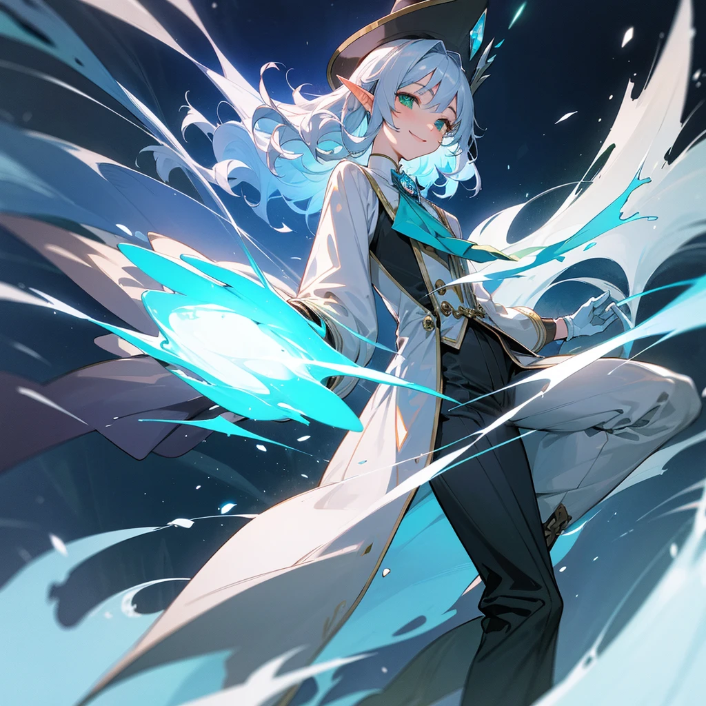 elf, silver hair,l ong hair, medium cut, curly hair,green eyes,slender,fair skin,White gloves,Smile,Mediovale, smart, laughing, inside, theater, mystical atmosphere, hazy Solo, atmosphere, fantasy, Tuxedo, wizard hat, long boots ,Main Character, pants, bow and scrape, blue effect, magic effect , ice loads effect, solo
