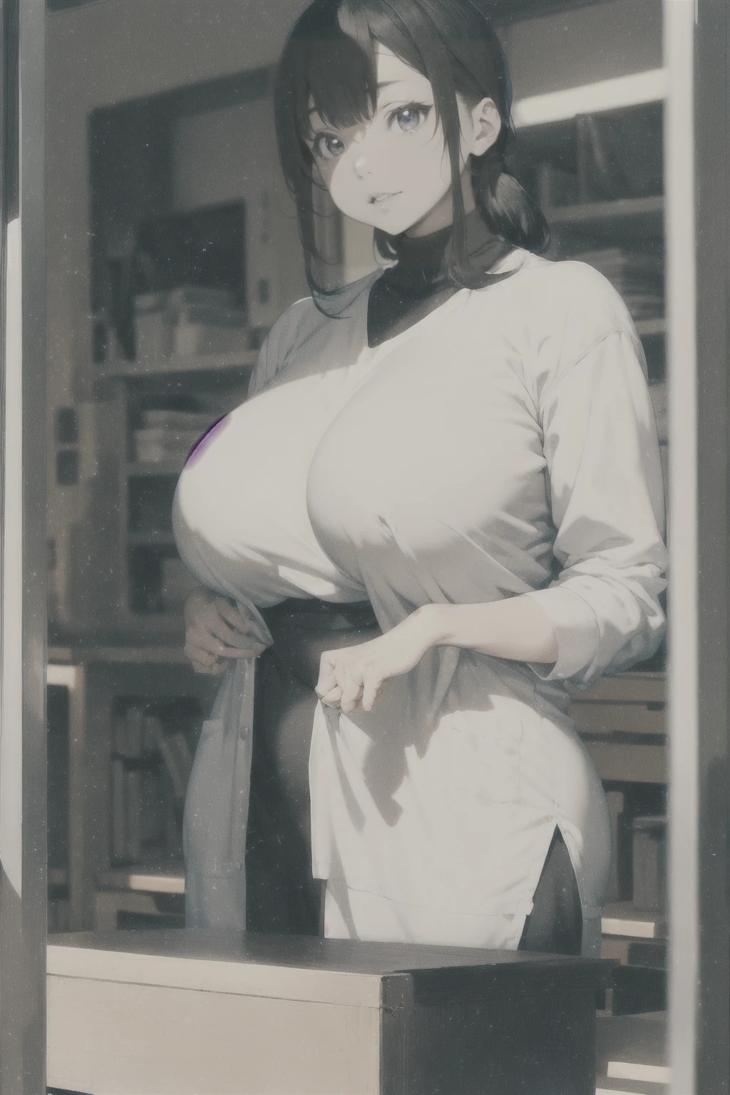 1girl, thick rectangular black rim glasses, a woman with striking brownish black hair and bangs, her brown eyes sparkling with a quiet confidence as she sits at a school nurse desk. Her pale complexion is complemented by a touch of dark makeup and red lipstick, adding depth to her expression. She stands tall, draped in an open white lab coat that hints at her feminine curves. Beneath the lab coat she wears a (red ribbed turtleneck sweater-shirt), that stretches around her ((((massive breasts)))). She has a pair of truly huge breasts. She also wears a tight black pencil-skirt that shows off her plump mature curves. .,sweating,,smile, 9 head body lenth, dynamic sexy pose, (artistic pose of a woman),(upper body,from_above:1.3), soft areola bumps on breasts, swooping breasts, ((heavy sagging breasts)), ((red sweater-shirt)), ((white science lab coat)), (black skirt), (soft squishy breasts),