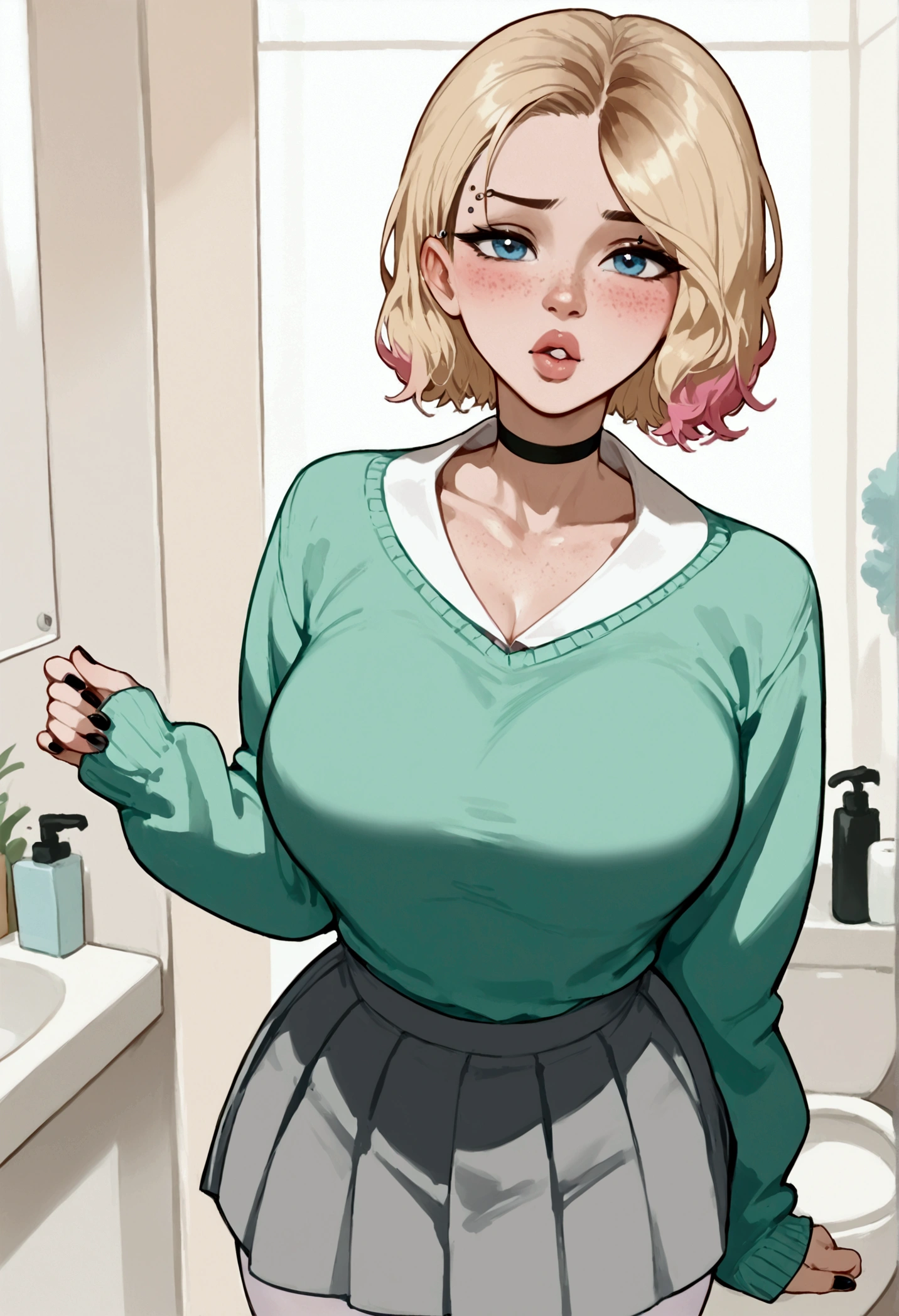 score_9, score_8_up, score_7_up, score_9, BREAK, GwenstacySDXL, 1girl,big breasts, solo, looking at viewer, blush, short hair, blue eyes, skirt, blonde hair, shirt, long sleeves, standing, collarbone, pantyhose, cowboy shot, pleated skirt, teeth, choker, collared shirt, indoors, miniskirt, medium hair, nail polish, sweater, lips, sleeves past wrists, makeup, piercing, black nails, grey skirt, freckles, white pantyhose, bathroom, green sweater, eyebrow piercing, thick lips