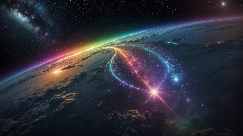 cosmic space, exuding enlightenment, bright vibrant colors, flowers everywhere, stars and space, rainbow vibrant colors, vulmetric lighting, 8k resolution, highly detailed