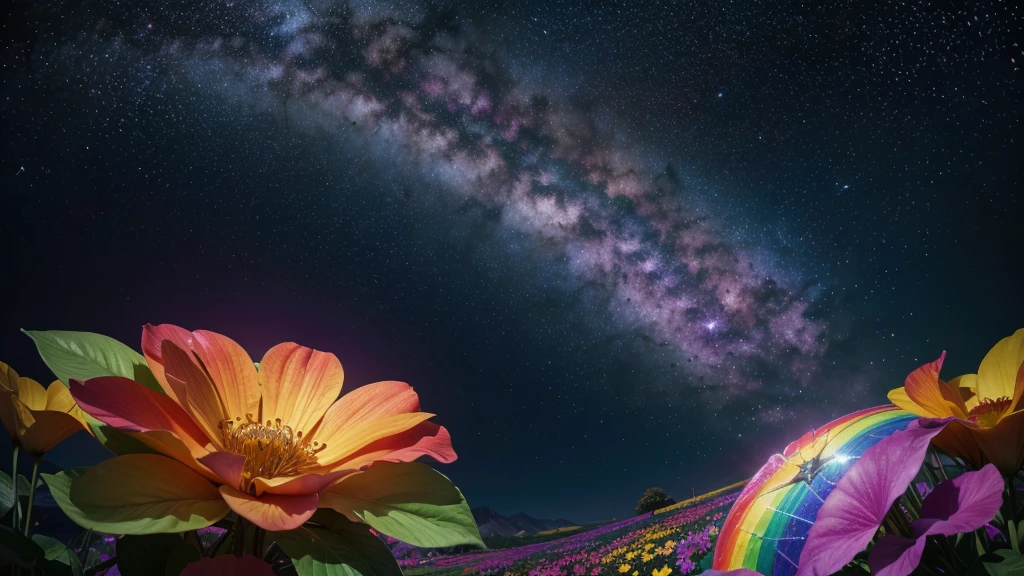 cosmic space, exuding enlightenment, bright vibrant colors, flowers everywhere, stars and space, rainbow vibrant colors, vulmetric lighting, 8k resolution, highly detailed
