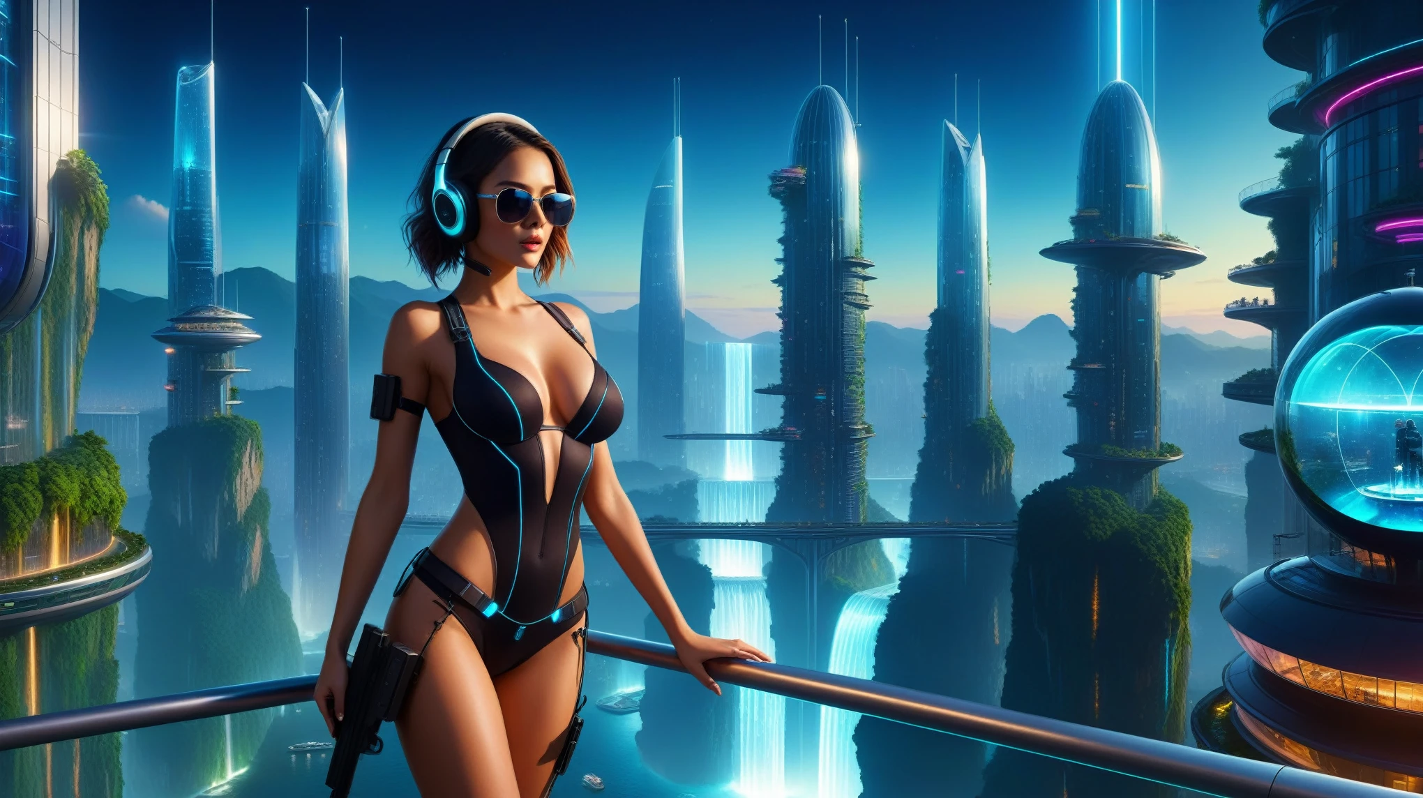 Futuristic floating city, huge high-tech tablet platform, airship, colorful lights, skyscrapper, transparent path, lush greenery, sky gardens, waterfalls, sparkling river, transparent dome, walkway, tower, dark night, holographic display, aerial view. (((((1girl, solo, alone))))), large-breast:1.2 slim body, cleavage:1.1, sexy clothes, (headphone, black sunglasses), (((standing and holding pistol pose))), (((half-body thigh level medium shot))), cinematic lighting, lens flare, ray tracing.