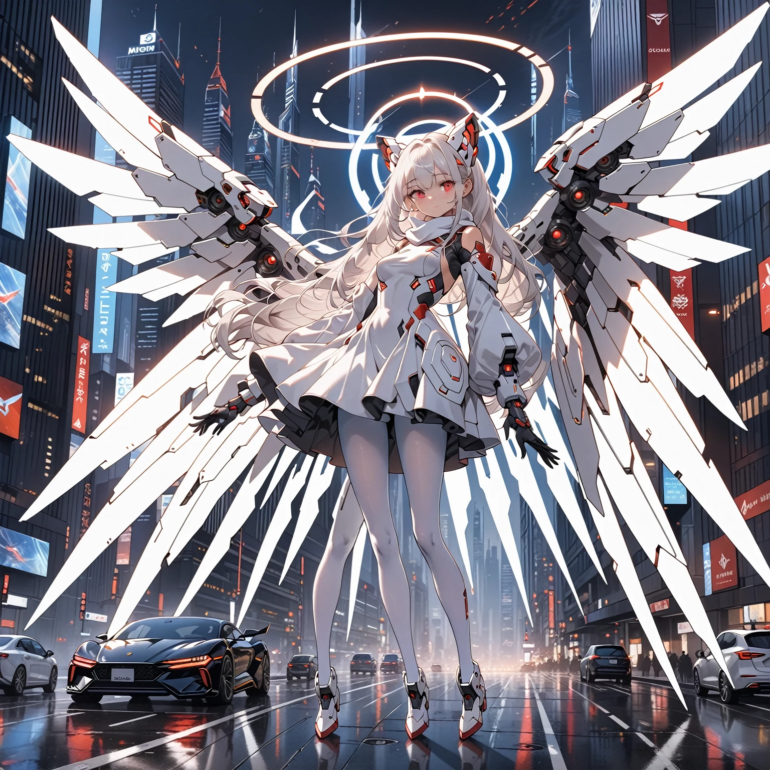 masterpiece, highest quality, highest resolution, clear_image, detailed details, white hair, long hair, 1 girl, car ears, red eyes, futuristic wings, futuristic halo, white sci fi mecha dress, white scarf with blow glow, white pantyhose, full body, no water marks, city, no extra limps, no extra body