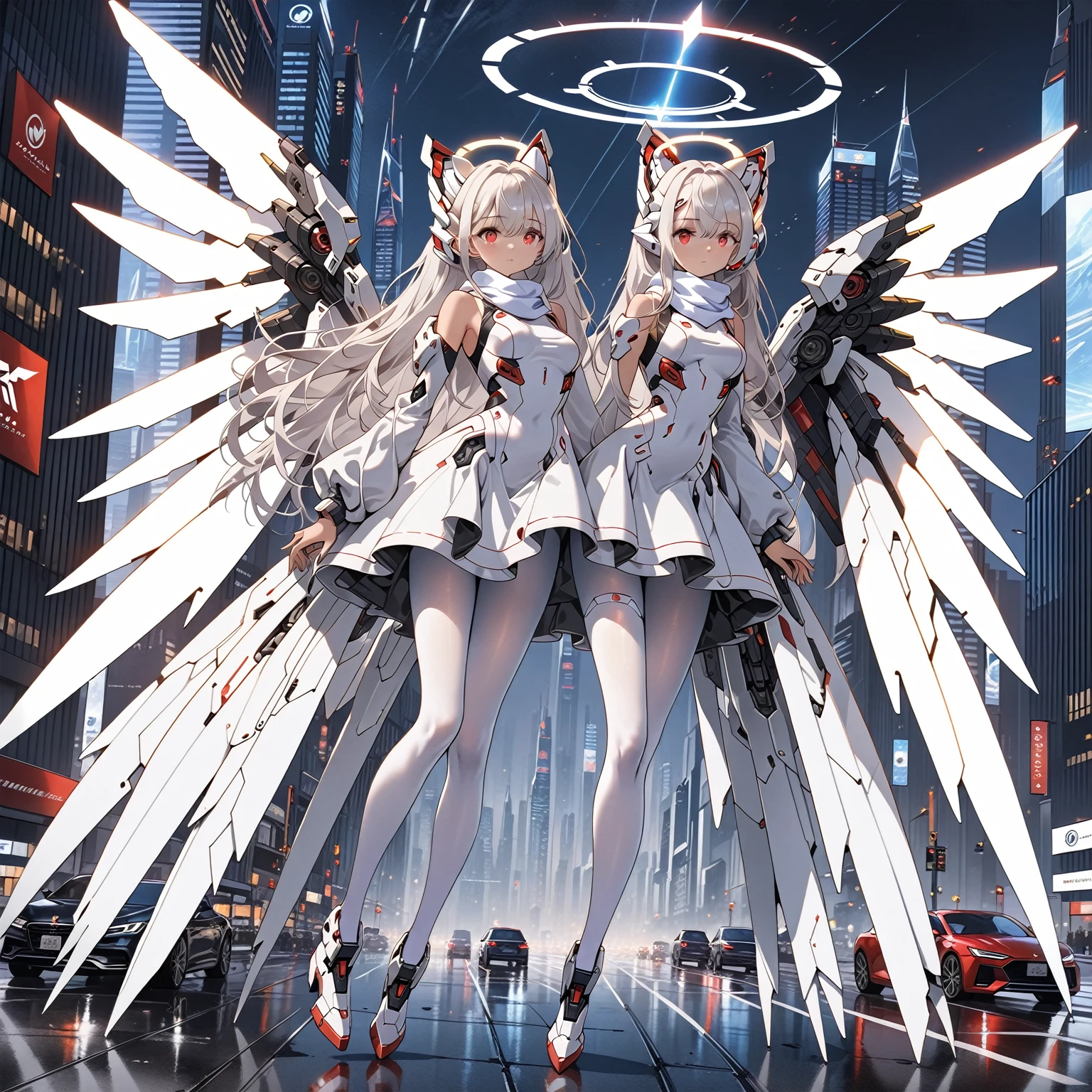 masterpiece, highest quality, highest resolution, clear_image, detailed details, white hair, long hair, 1 girl, car ears, red eyes, futuristic wings, futuristic halo, white sci fi mecha dress, white scarf with blow glow, white pantyhose, full body, no water marks, city, no extra limps, no extra body