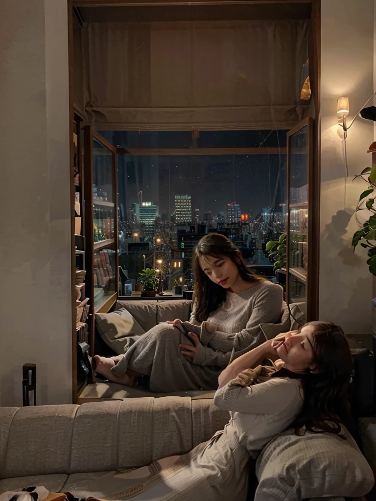 A serene and intimate scene of a married couple relaxing in their living room during a cozy night. The husband and wife sit together on a plush sofa, sharing a moment of tranquility, while their pet cat rests on their laps. The living room is adorned with plants, bookshelves, and cushions, creating a warm and inviting atmosphere. The background features a soft glow from warm lighting, reflecting the soothing ambiance of the room. Through the window, the bustling city skyline is visible, adding an element of calm to the nighttime scene. The colors and tones of the painting evoke a sense of relaxation and harmony, perfectly complementing the soothing tones of Rufus Wainwright's music.