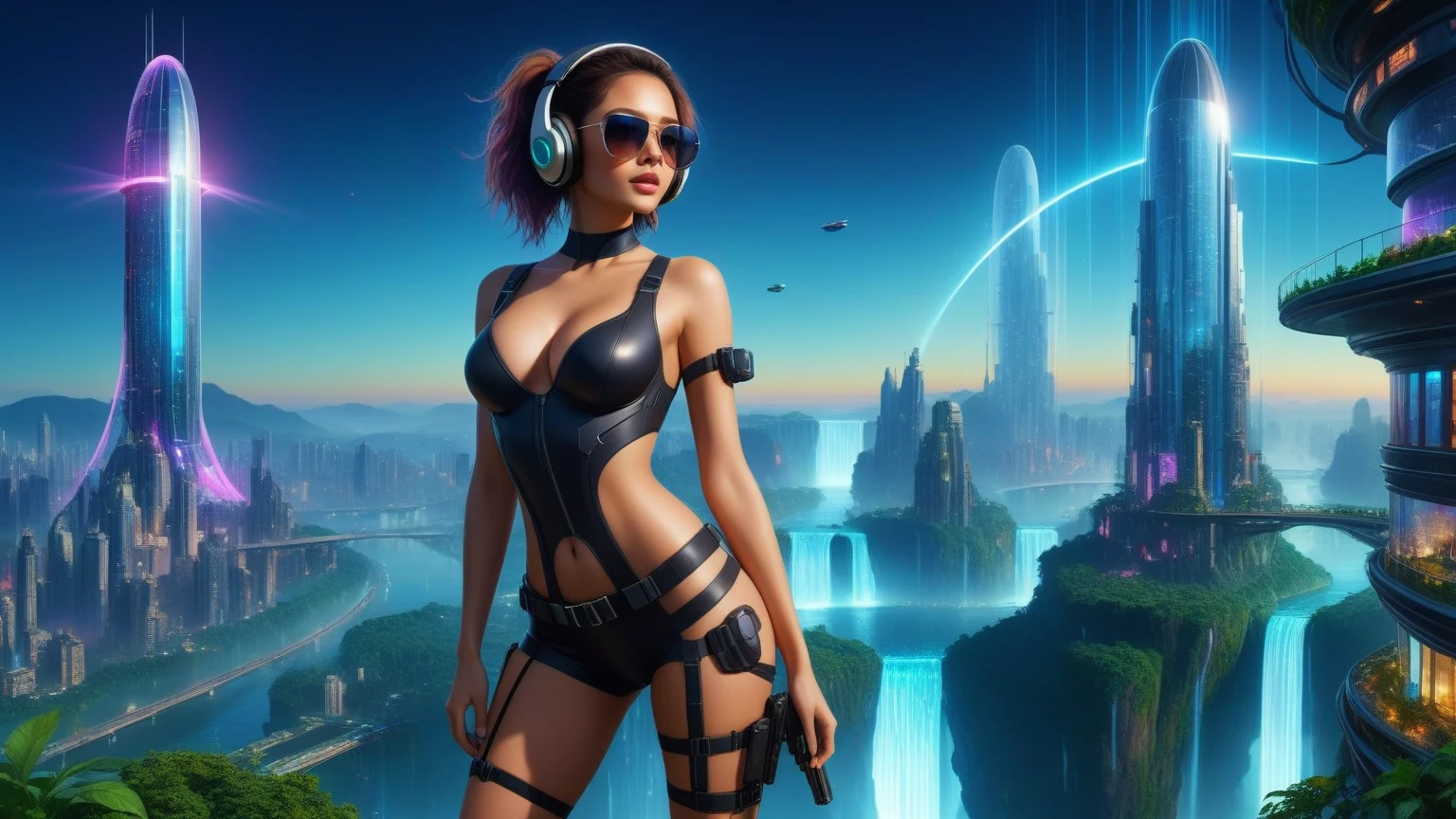 Futuristic floating city, huge high-tech tablet platform, airship, colorful lights, skyscrapper, transparent path, lush greenery, sky gardens, waterfalls, sparkling river, transparent dome, walkway, tower, dark night, holographic display, aerial view. (((((1girl, solo, alone))))), large-breast:1.2 slim body, cleavage:1.1, sexy clothes, (headphone, black sunglasses), (((standing and holding pistol pose))), (((half-body thigh level medium shot))), cinematic lighting, lens flare, ray tracing.